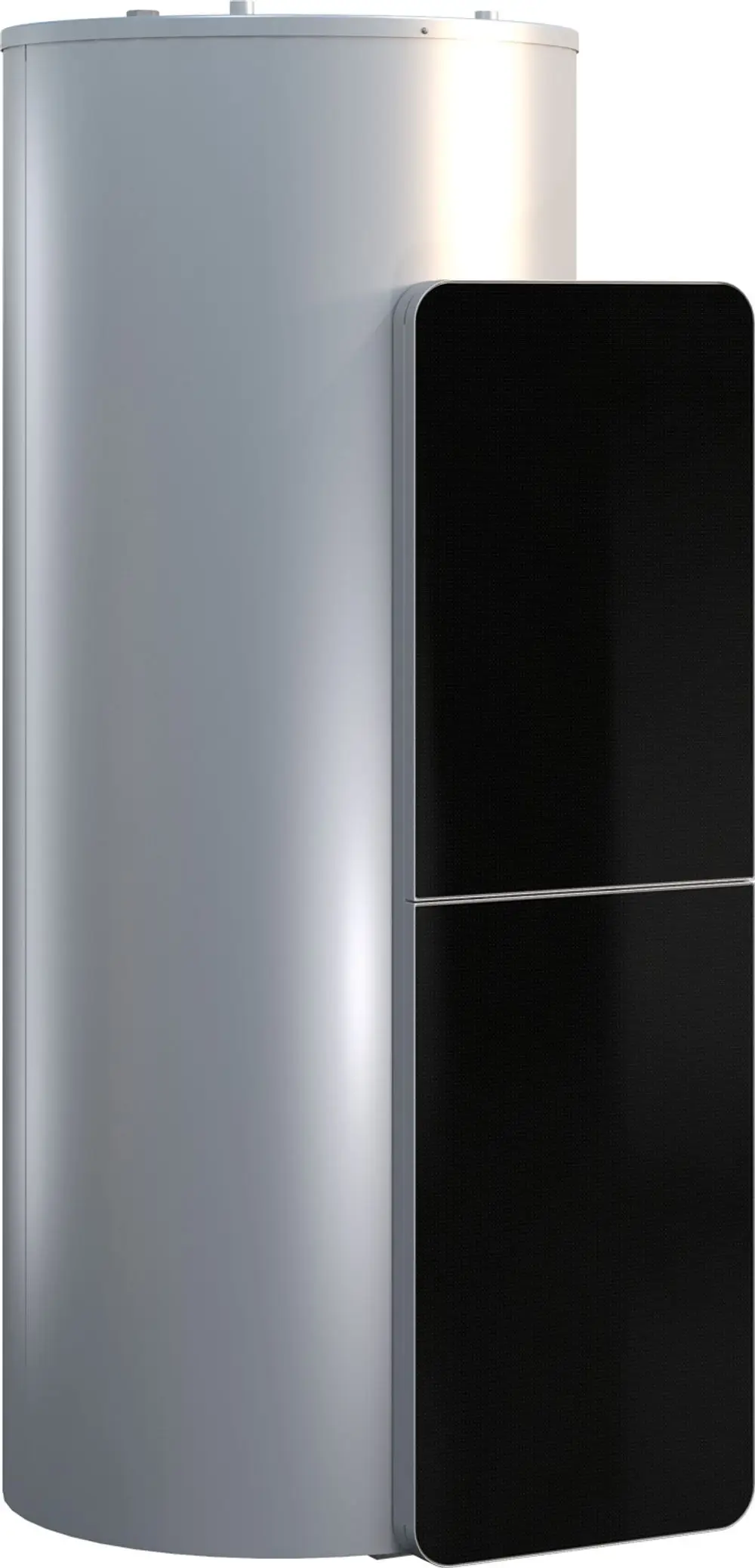 Vertikaler Pufferspeicher von Bosch mit runder silberner Oberfläche und schwarzer Blende, ausgestattet mit Solarwärmetauscher, für die Integration in Heizsysteme.